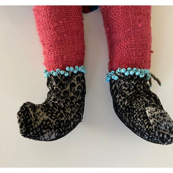 Handmade Boho Folk Art Beaded Red Purple & Blue Embroidered Yarn Hair Cloth Doll - Picture 7 of 7